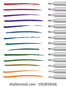 Realistic broad markers with different colors strokes. Vector illustration.