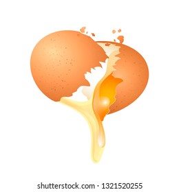 Realistic broken chicken egg with flowing yolk on a white background. Design element. Isolate.