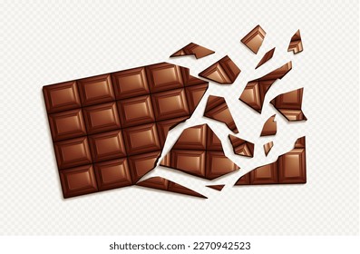 Realistic broken chocolate bar on transparent background. Top view scattered divided tasty confectionery snack with sugar. Isolated yummy pleasure cut dessert clipart. Sweet snack ingredient.