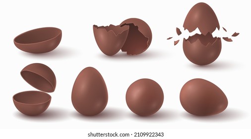 Realistic broken, cracked and exploded easter chocolate eggs. Choco ball half. Open sweet surprise egg. Dark cocoa confectionery vector set. Fractured eggshell, half and whole parts