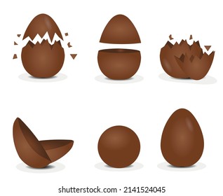 Realistic broken, cracked and exploded easter chocolate eggs. Choco ball half. Open sweet surprise egg. Dark cocoa confectionery vector set. Fractured eggshell, half and whole parts.