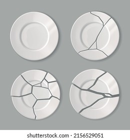 Realistic broken dishware set with isolated unbroken and cracked white plates on grey background vector illustration