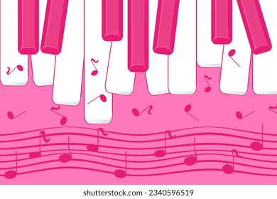 Realistic broken flat Piano Keys background with notes on pink girl backdrop. Simple cartoon Piano key vector ilustration.