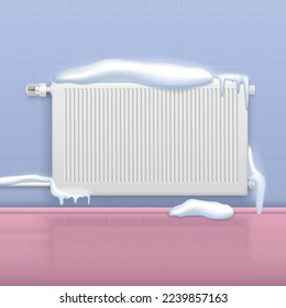 Realistic broken frozen house heater covered with snow vector illustration