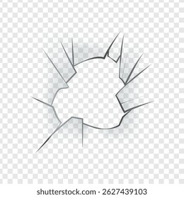 Realistic broken glass effect with cracks and round hole. Cracked window, screen, mirror. Accident, impact, damage. Transparent isolated white background. Vector illustration.