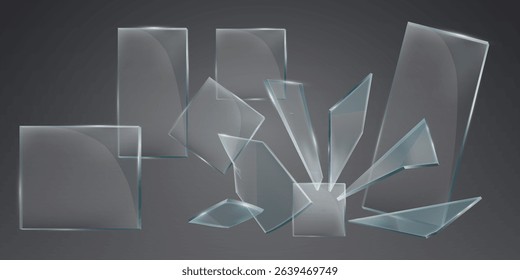 Realistic broken glass and fragments. On a transparent background.