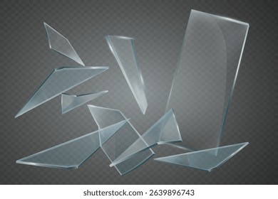 Realistic broken glass and fragments. On a transparent background.