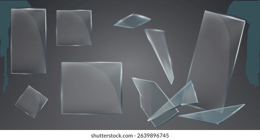 Realistic broken glass and fragments. On a transparent background.