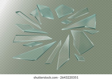 Realistic broken glass and fragments. On a transparent background.