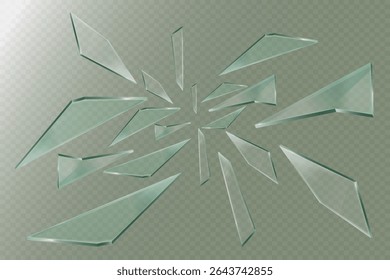 Realistic broken glass and fragments. On a transparent background.