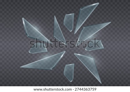 Realistic broken glass shards isolated on transparent background