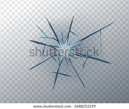 Realistic broken glass texture with sharp cracks and shattered fragments. Abstract transparent background with hole and bullet impact effect. Vector design for crash or damage overlay.