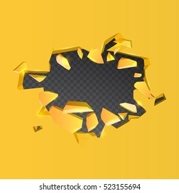 Realistic broken gold and hole on transparent background. Vector illustration. Isolated cracked effect.