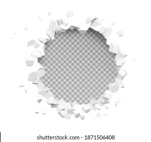 Realistic broken hole in the wall. Vector illustration isolated on white background. Ready for your design. EPS10.	
