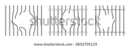 Realistic broken prison bars set with bent metal jail grates, damaged steel cage barrier and escape hole, isolated security cell vector elements for game design
