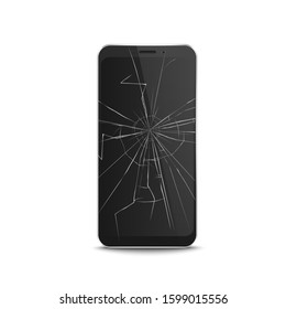 Realistic broken screen of black modern cellphone. Cracked display of dropped cell smartphone - technology problem vector illustration isolated on white background
