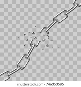 Realistic broken steel chain links freedom isolated on transparent background. Link steel break and destroy, metallic fracture. Vector illustration
