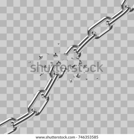 Realistic broken steel chain links freedom isolated on transparent background. Link steel break and destroy, metallic fracture. Vector illustration