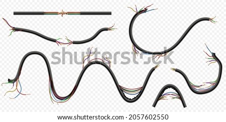 Realistic broken and torn copper electric power wires. Damaged cables with cuts. Disconnect communication cord. Danger power wire vector set. Dangerous uninsulated cable connectors Foto stock © 