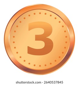 Realistic bronze award medal. Third place medal or button isolated on white background. Quality, badge, emblem. Vector illustration