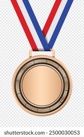 Realistic bronze medal mockup. Bronze medal with ribbon. Design winner bronze medal prize. Winner award medal. Vector illustration