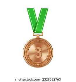 Medalla de bronce realista en cinta verde con número tres grabado. Concursos deportivos para el tercer puesto. Premios de campeonato por logros y victoria.