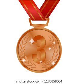 realistic bronze medal for sport or competition with laurel wreath and red ribbon. vector illustration