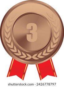 Vector de medalla de bronce realista con cinta roja, 3er premio de bronce, 3er premio, premio de desafío de bronce cinta roja, ganador de la medalla, primer lugar trofeo, ganador de moneda de bronce