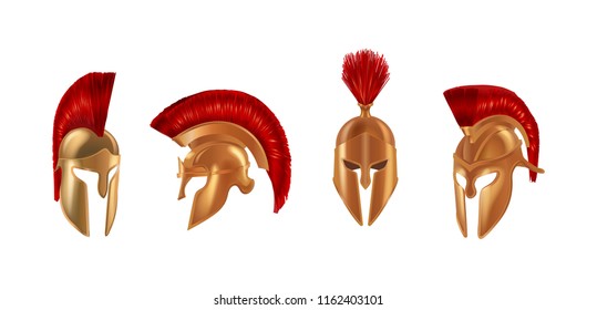 Realistic bronze metal helmets in different angles. Military headgear of ancient Greece with brushes at the top, Spartan helmets of soldiers of gladiators. Vector illustration isolated.