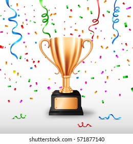 Realistic Bronze Trophy with text space and falling confetti, Vector Illustration