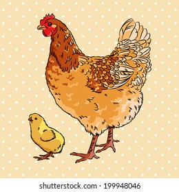 Realistic broody chicken and baby chick, isolated