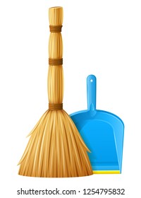 Realistic broom and blue plastic dustpan, scoop with yellow stripe. Housework tools for cleaning garbage in house. Cleaning service elements. Isolated on white background. EPS10 vector illustration.