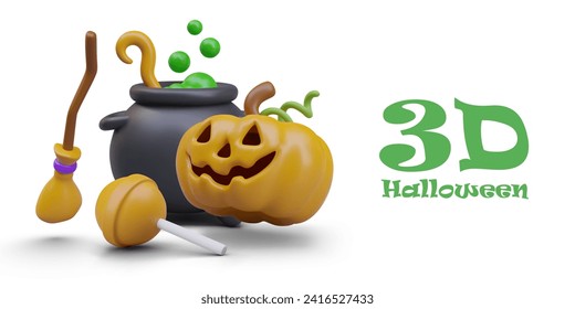 Realistic broom, pumpkin orange lantern, black cauldron with potion. Sweets for Halloween. Poster with place for text. Vector illustration in 3d style with white background