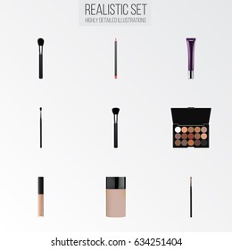 Realistic Brow Makeup Tool, Beauty Accessory, Day Creme And Other Vector Elements. Set Of Greasepaint Realistic Symbols Also Includes Powder, Palette, Skincare Objects.