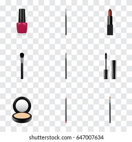 Realistic Brow Makeup Tool, Blusher, Pomade And Other Vector Elements. Set Of Maquillage Realistic Symbols Also Includes Ink, Polish, Lips Objects.