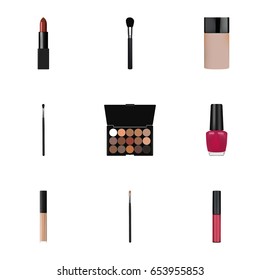 Realistic Brow Makeup Tool, Concealer, Liquid Lipstick And Other Vector Elements. Set Of Cosmetics Realistic Symbols Also Includes Multicolored, Cover, Varnish Objects.