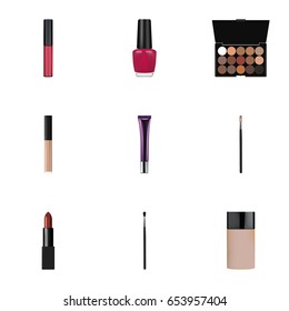 Realistic Brow Makeup Tool, Day Creme, Cover And Other Vector Elements. Set Of Greasepaint Realistic Symbols Also Includes Concealer, Cream, Brow Objects.