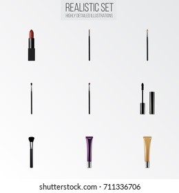 Realistic Brow Makeup Tool, Day Creme, Eye Paintbrush And Other Vector Elements. Set Of Maquillage Realistic Symbols Also Includes Eye, Cosmetic, Brow Objects.