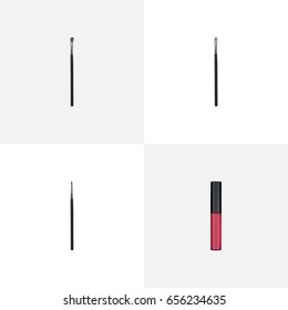Realistic Brow Makeup Tool, Eye Paintbrush, Brush And Other Vector Elements. Set Of Maquillage Realistic Symbols Also Includes Lipstick, Lips, Eye Objects.