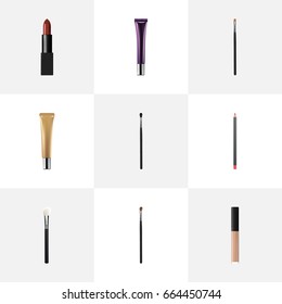 Realistic Brow Makeup Tool, Eye Paintbrush, Cover And Other Vector Elements. Set Of Maquillage Realistic Symbols Also Includes Blush, Brush, Pomade Objects.