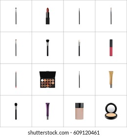 Realistic Brow Makeup Tool, Multicolored Palette, Make-Up Product And Other Vector Elements. Set Of Greasepaint Realistic Symbols Also Includes Paint, Pomade, Skincare Objects.
