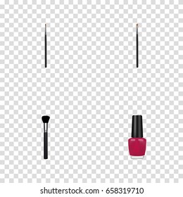 Realistic Brow Makeup Tool, Varnish, Fashion Equipment And Other Vector Elements. Set Of Maquillage Realistic Symbols Also Includes Polish, Highlight, Tassel Objects.
