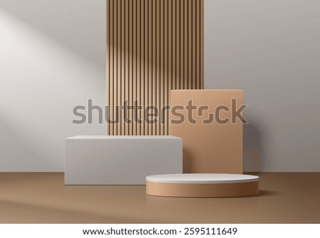 Realistic brown 3D cylindrical podium background with cube box on slatted wood panel. Minimalist mockup pedestal or Abstract product display presentation, Stage for showcase. Platforms vector design.