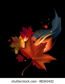 Realistic brown autumn maple leaf in fire on black background.