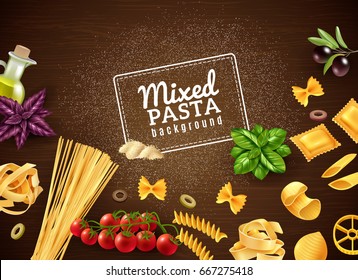 Realistic brown background with mixed kinds of pasta and various extra ingredients vector illustration