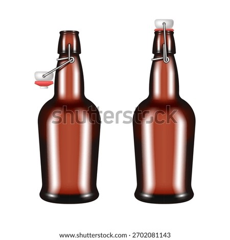 Realistic brown beer bottle with swing top front view isolated on white, open and closed version, 3d vector mockup for alcohol brewery beverage presentation or drink packaging template.