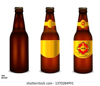 Realistic brown beer bottles with different labels isolated on white background. Mock up template blank for product packing advertisement