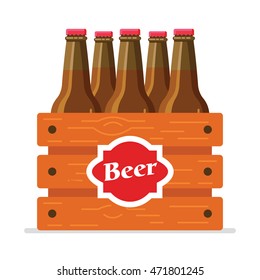 Realistic brown beer bottles set in the wooden box isolated on the white background. Flat design. Vector illustration. Oktoberfest theme. 