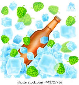 Realistic brown bottle of beer flies out from ice cubes among depth of field hop cones on white
