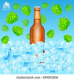 Realistic brown bottle of beer in ice cubes among hop cones on blue background